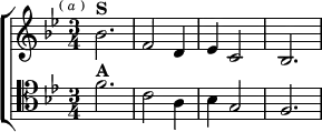  \new ChoirStaff <<
  \new Staff \relative b' { \key bes \major \time 3/4 \mark \markup \tiny { ( \italic a ) }
    bes2.^\markup \bold "S" | f2 d4 | ees c2 | bes2. }
  \new Staff \relative f' { \clef tenor \key bes \major
    f2.^\markup \bold "A" | c2 a4 | bes g2 | f2. } >>
