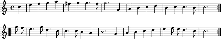 { \relative c'' { \partial 4 
  \repeat volta 2 { c4 | e f g a | fis g g4. fis8 |
    g2. g,4 | a b c d | %end line 1
    b c c4. b8 | c2. }
  \repeat volta 2 { g'8\noBeam f | e4. g8 d4. c8 | c4. c8 b4 a | %end line 2
    b2. g4 | a b c d | e f8\noBeam e d4. c8 | c2. } } }