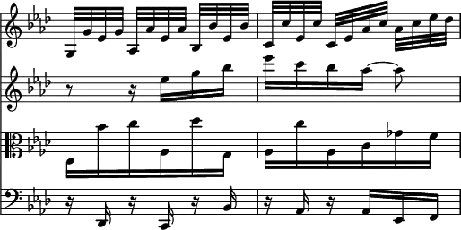 << \override Score.TimeSignature #'stencil = ##f \time 3/8 \new Staff { \key aes \major \relative g { g32[ g' ees g] aes,[ aes' ees aes] bes,[ bes' ees, bes'] | c,[ c' ees, c'] c,[ ees aes c] aes[ c ees des] | } }
\new Staff { \key aes \major \relative e'' { r8 r16 ees g bes | ees[ c bes aes] ~ aes8 } }
\new Staff { \clef alto \key aes \major \relative e { ees16 bes'' c aes, des' g,, | aes c' aes, c ges' f } }
\new Staff { \clef bass \key aes \major \relative d, { r16 des r c r bes' r aes r aes ees f } } >>