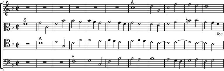 \new ChoirStaff << \override Score.BarNumber #'break-visibility = #'#(#f #f #f)
  \new Staff \relative c'' { \key f \major \time 2/2
    R1*6 c1^"A" d2 g, c f | f e d1 }
  \new Staff \relative f' { \clef alto \key f \major
    f1^"S" g2 c, | f bes | bes a | bes4 a g2 | a g4 f |
    g2 f | f e | f a | b c | a g4 f_"&c." }
  \new Staff \relative c' { \clef tenor \key f \major
    R1 c^"A" d2 g, c f | f e | f4 e d2 |
    e f4 e | d2 c ~ c d ~ d c ~ c bes ~ }
  \new Staff \relative f { \clef bass \key f \major
    R1*3 f1^"S" g2 c, | f bes | bes a | bes1 | a2 g4 f | g2 a f g } >>