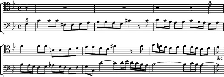  \new ChoirStaff << \override Score.Rest #'style = #'classical \override Score.BarNumber #'break-visibility = #'#(#f #f #f)
  \new Staff \relative c' { \clef tenor \key g \minor \time 4/4 \partial 4
    r4 R1*2 r2 r4 c^\markup \bold "A" |
    f4 f8 f b, b c d | ees ees d c fis4 r8 fis |
    g f!16 ees d8 ees f ees16 d c8 d | ees_"&c." }
  \new Staff \relative g { \clef bass \key g \minor
    g4^\markup \bold "S" | c c8 c fis, fis g a |
    bes bes a g cis4 r8 cis | d c16 bes a8 bes c bes16 a g8 a |
    bes a16 g f8 g aes g16 f ees8 f |
    g c, c'4 ~ c8 d16 ees d c bes a |
    bes2 ~ bes8 c16 bes a4 ~ | a8 } >> 