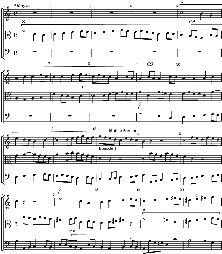 \new ChoirStaff << \override Score.Rest #'style = #'classical \override Score.BarNumber.break-visibility = ##(#f #t #t) \set Score.barNumberVisibility = #all-bar-numbers-visible
  \new Staff \relative c'' { \key c \major \time 4/4 \tempo \markup \small \italic "Allegro." \bar ""
    R1*4 \[ c2^"A" b4 g | a b c d8 c | b4 c d e8 d | c d c b a4 b8 a |
    g4 \] \[ b8^"CS" a g4 c8 b | a4 g a b | e d8 c b4 c ~ | c d8 e f g e f |
    g_\markup \small "Episode 1." \] f e^\markup \small "Middle Section." d c e d c |
    b4 r r2 | r4 f'8 e d f e d | c4 r r2 | \[ e2^"S" c4 a | b c d e8 d |
    c4 d e fis8 e dis4 \] e^"?" fis g }
  \new Staff \relative g' { \clef alto \key c \major
    \[ g2^"S" d4 c | d e f g8 f | e4 f g a8 g | f g f e d4 e8 d |
    c4 \] \[ b8^"CS" a g4 c8 b | a4 g a b | e d8 c b4 c ~ \] |
    c d8 e fis g e fis | g4 d g8 f! e4 | f8 g e f d4 g ~ | g a ~ a8 g f e |
    a4 b8 c b a g f | e4 r r2 | r4 b'8 a g b a g | f4 r r2 | r4 c'8 b a c b a |
    gis4 a8 b e,4 f8 e | d4 e8 fis gis4 r | \[ a2^"A" g!4 e | fis g a b8 a }
  \new Staff \relative g { \clef bass \key c \major
    R1*8 \[ g2^"S" e4 c | d e f g8 f | e4 f g a8 g | f g f e d4 e8 d |
    c4 \] c8 d e4 e8 f | g4 g,8 a b4 b8 c | d4 d8 e f4 f8 g | a4 a,8 b c4 c8 b |
    e d \[ c^"CS" b a4 d8 c | b4 a b \] c8^"?" b | a a' g fis e4 c' | b2 a4 g } >>