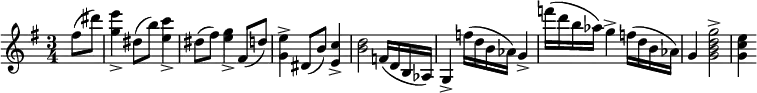 { \time 3/4 \key g \major \partial 4 \relative c'' { fis8( dis') | <e g,>4_> dis,8( b') <c e,>4_> | dis,8( fis) <g e>4_> fis,8( d') | <e g,>4-> dis,8( b') <c e,>4-> | <b d>2 f16( d b aes) | g4-> f''16( d b aes) g4-> | f''16( d b aes) g4-> f16( d b aes) | g4 <g b d g>2-> | <g c e>4 } }
