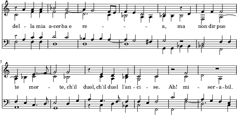 << \new Staff { \override Score.TimeSignature #'stencil = ##f \time 2/2 \key c \major \override Score.Rest #'style = #'classical <<
\new Voice = "S" { \relative a' { \stemUp r4 a a a | bes2 a ~ a4 g2 f8 e | f4 e d2 | d r4 d | f f f2 | c e4. f8 | g2 g | r4 e d d | c2 c | r2 f | R1 | } }
\new Voice = "A" { \relative c' { \stemDown c2 f4 f f2 e | d2. c4 | bes2 a4 a | bes bes bes2 | f a ~ a4 bes c2 ~ c bes | s4 c a bes | g2 c | r2 c | d a | } } >> }
\new Lyrics \lyricmode { del2 -- la4 mia4 a-cer2 -- "ba e"2 re1*2 -- a,2 ma non4 dir4 puo2 te mor1 -- "te, ch'il"2 duol,4 ch'il duol l'an -- ci2 -- se. Ah! mi2. -- ser4 -- a -- bil. }
\new Staff { \key c \major \clef bass <<
\new Voice = "T" { \stemUp r4 a c' c' | d'2 c' | bes4 a bes a ~ a g2 fis4 | g2 r | d f4 f | f e c4. d8 | e2 d4 g | a g4. f8 f4 | f e f2 | c' a ~ a4 g f e | }
\new Voice = "B" { \stemDown f2 f4 f | d1 | d | d | g,4 g, bes, bes, | bes,2 f, | a,1 g, | r4 c d bes, | c2 f, | f, f d2. c4 | } >> } >> 