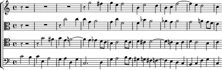 \new ChoirStaff << \override Score.BarNumber #'break-visibility = #'#(#f #f #f) \override Score.Rest #'style = #'classical
  \new Staff \relative g'' { \time 4/4 \partial 2. \key c \major
    r4 r2 R1*2 r4 g2 fis4 | g e f2 | b,4 e2 d4 | b c f2 ~ f4 e d2 c4 }
  \new Staff \relative c'' { \clef alto \key c \major
    r4 r2 R1 r4 c2 c4 | c g a2 | g4 c f,2 | f4 bes a2 |
    aes4 g aes2 | g a!4 g8 f | e4 }
  \new Staff \relative g' { \clef tenor \key c \major
    r4 r2 | r4 g2 fis4 | g e f!2 ~ | f4 e ees d8 c | b4 c2 d8 c |
    d4 cis d2 ~ | d4 c! b c | d c2 b4 | c }
  \new Staff \relative c' { \clef bass \key c \major
    c2 b4 | c e, a2 | g4 a d, g | c,2. d4 | g a2 b8 a |
    gis4 g fis f ~ | f e d c | b c f g | c, } >>