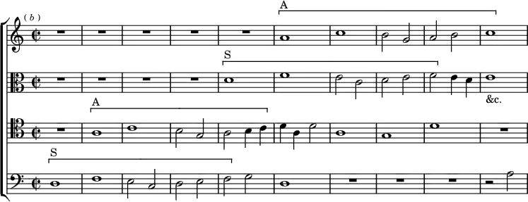 \new ChoirStaff << \override Score.BarNumber #'break-visibility = #'#(#f #f #f)
  \new Staff \relative a' { \key a \minor \time 2/2 \mark \markup \tiny { (\italic"b") }
    R1*5 \[ a1^"A" c b2 g a b c1 }
  \new Staff \relative e' { \clef alto \key a \minor
    R1*4 \[ d1^"S" f | e2 c | d e | f \] e4 d e1_"&c." }
  \new Staff \relative a { \clef tenor \key a \minor
    R1 \[ a1^"A" c b2 g | a b4 c \] | d a d2 | a1 g d' R }
  \new Staff \relative d { \clef bass \key a \minor
    \[ d1^"S" f e2 c d e f \] g d1 R1*3 r2 a' ~ } >>