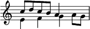 \relative c'' { \key c \major \time 2/2 \override Score.TimeSignature #'stencil = ##f << { c8 d c b a4 } \\ { e4 f g a8 g } >> }