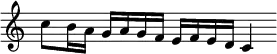 { \override Score.TimeSignature #'stencil = ##f \time 5/4
 \relative c'' { c8 b16 a g a g f e f e d c4 } }