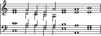 << \time 12/2 \override Score.TimeSignature #'stencil = ##f \new Staff << \new Voice { \voiceOne \relative g' { g1 g2 e e a g1 a b } }
\new Voice { \voiceTwo \relative e' { e1 d2 c b a e'1 e e } } >>
\new Staff << \clef bass \new Voice { \voiceOne c'1 b2 a g a b1 a g }
\new Voice { \voiceTwo c1 g2 a e f e1 a, e } >> >>