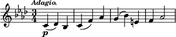 { \time 3/4 \key f \minor \tempo \markup { \smaller \italic Adagio. } \relative c' { c4\p( des) bes c( f) aes g( bes) e, f aes2 } }