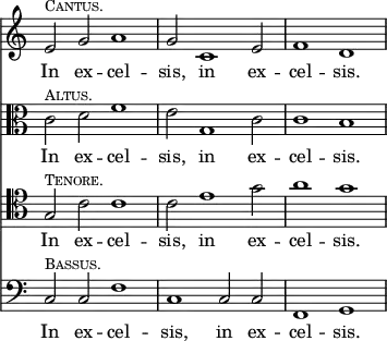 { << \new Staff \relative e' { \override Score.TimeSignature #'stencil = ##f \time 4/2
 e2^\markup \small \caps "Cantus." g a1 | g2 c,1 e2 | f1 d }
\addlyrics { In ex -- cel -- sis, in ex -- cel -- sis. }
\new Staff \relative c' { \clef alto
 c2^\markup \small \caps "Altus." d f1 | e2 g,1 c2 | c1 b }
\addlyrics { In ex -- cel -- sis, in ex -- cel -- sis. }
\new Staff \relative g { \clef tenor
 g2^\markup \small \caps "Tenore." c c1 | c2 e1 g2 | a1 g }
\addlyrics { In ex -- cel -- sis, in ex -- cel -- sis. }
\new Staff \relative c { \clef bass
 c2^\markup \small \caps "Bassus." c f1 | c c2 c | f,1 g }
\addlyrics { In ex -- cel -- sis, in ex -- cel -- sis. } >> }