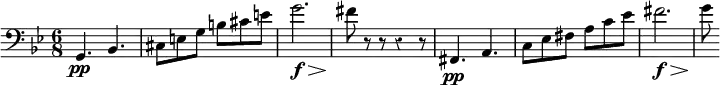 { \override Score.Rest #'style = #'classical \time 6/8 \key g \minor \clef bass \relative g, { g4.\pp bes | cis8 e g b cis e | g2.\f\> | fis8\! r r r4 r8 | fis,,4.\pp a | c8 ees fis a c ees | fis2.\f\> | g8\! } }