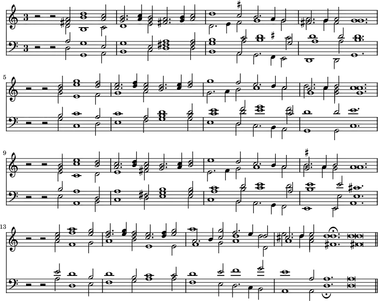 << \override Score.TimeSignature #'style = #'single-digit  \new Staff << \time 3/1 \new Voice { \relative a' { \stemUp r2 r <a fis> <b d>1 <a c>2 | <b g>2. <c a>4 <b g>2 <a fis>2. <b g>4 <c a>2 | d1 c2 b2. a4 g2 | fis2. g4 a2 g1. | r2 r <d' b>2 <g e>1 <f d>2 | <e c>2. <f d>4 <e c>2 <d b>2. <e c>4 <f d>2 | g1 f2 e2. d4 c2 | << { b2. c4 d2 c1. } \\ { d2. c4 b2 c1. } >> | r2 r <b g>2 <c e>1 <d b>2 | <c a>2. <d b>4 <c a>2 <b g>2. <c a>4 <d b>2 | e1 d2 c2. b4 a2 | << { \once \set suggestAccidentals = ##t gis2. a4 b2 a1. } \\ { b2. a4 gis2 a1. } >> | r2 r <c e>2 <f a>1 <g e>2 | <f d>2. <g e>4 <f d>2 <e c>2. <f d>4 <g e>2 | << { a,2. b4 <c g'>2 f2. e4 d2 | cis2. d4 e2 d1.\fermata \bar ":|:" d\breve \bar "||" } \\ { a'1 s2 d,1 d2 e2. d4 cis2 d1. | d\breve } >> } }
\new Voice \relative d' { \stemDown s1 d2 b1 c2 | d1 e2 s1. | d2. e4 \once \set suggestAccidentals = ##t fis2 g1 g2 | a2. g4 fis2 g1. | s1 g2 e1 f2 | g1 a2 s1. g2. a4 b2 c1 c2 | g1 g2 g1. | s1 e2 c1 d2 | e1 fis2 s1. | e2. f4 g2 a1 a2 | s\breve. | s1 a2 f1 g2 | a1 b2 e,1 e2 | f1 g2 a1 d,2 | a'1 a2 fis1. | fis\breve } >>
\new Staff << \clef bass \new Voice { \stemUp \relative a { r2 r a g1 e2 | g1 e2 <fis a>1 q2 | <b g>1 c2 d1 g,2 a1 d2 d1. | r2 r b c1 a2 | c1 a2 <b d>1 q2 | e1 f2 g1 c,2 | d1 d2 e1. | r2 r b2 a1 d,2 | a'1 fis2 <b g>1 q2 | c1 d2 e1 a,2 | e'1 e2 cis1. | r2 r e2 d1 b2 | d1 b2 c1 c2 | d1 e2 f1 g2 | e1 a,2 a1. | a\breve } }
\new Voice { \stemDown \relative a { s\breve. s | s1 a2 b1 c2 d1 a2 b1. | s\breve. s | c1 d2 e1 f2 | s\breve. s s | a,1 b2 c1 d2 | b1 e,2 e1. } }
\new Voice { \stemDown \relative d { s1 d2 g,1 a2 | b1 c2 d1 d2 | b1 a2 g2. \once \set suggestAccidentals = ##t fis4 e2 | d1 d2 g1. | s1 g'2 c,1 d2 | e1 f2 g1 g2 | e1 d2 c2. b4 a2 | g1 g2 c1. | r2 r e a,1 b2 | c1 d2 e1 e2 | c1 b2 a2. g4 f2 | e1 e2 a1. | s1 a'2 d,1 e2 f1 g2 a1 a2 | f1 e2 d2. c4 b2 | a1 a2 d1._\fermata d\breve } } >> >>