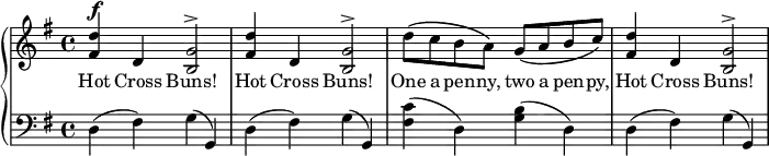 
\new PianoStaff << \override Score.BarNumber  #'transparent = ##t \relative c''
\new Staff << { \key g \major \dynamicUp
<d fis,>4\f d, <g b,>2^\accent | <d' fis,>4 d, <g b,>2^\accent |d'8\( c b a\) g\(a b c\) |<d fis,>4 d, <g b,>2^\accent|
}
\addlyrics { Hot Cross Buns! Hot Cross Buns! One a pen -- ny, two a pen -- py, Hot Cross Buns!
} >>
\new Staff { \clef bass  \key g \major
d4 (fis) g (g,) | d4 (fis) g (g,) | <fis c'>(d) <b g>(d) |d4 (fis) g (g,)
}
>>
