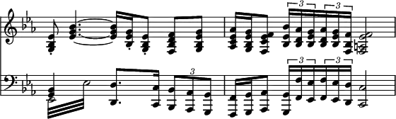 { \override Score.TimeSignature #'stencil = ##f \time 4/4 \key ees \major << \relative e' { < ees bes g>8-. <ees g bes>4. ~ q16 <g ees bes>-. <ees bes g>8-. <f d bes f> <g ees bes g> | <aes ees c aes>16 <g ees bes g> <f ees c f,>8 \times 2/3 { <bes ees, bes>16 <aes d, bes> <g ees bes> } \times 2/3 { <aes d, bes> <g ees bes> <f bes, f> } <f ees a, f>2 | }
\new Staff { \clef bass \key ees \major << \relative b, { <bes g>4 s <d d,>8. <c c,>16 \times 2/3 { <bes bes,>8 <aes aes,> <g g,> } | <f f,>16 <g g,> <aes aes,>8 \times 2/3 { <g g,>16 <f f'> <ees ees'> } \times 2/3 { <f f'> <ees ees'> <d d'> } <c c'>2 } \\ { \repeat tremolo 8 { ees,32 ees } } >> }
>> }