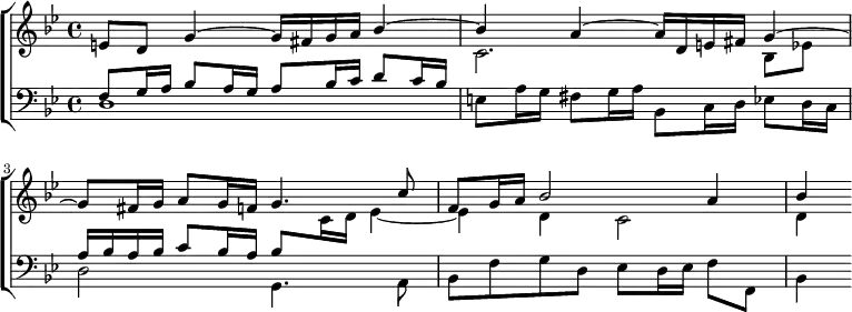 \new ChoirStaff <<
  \new Staff = "up" { \key g \minor \time 4/4 
    \new Voice \relative e' { \stemUp
      e8 d g4 ^~ g16 fis g a bes4 ^~ | bes a ^~ a16 d, e fis g4 ^~ |
      g8 fis16 g a8 g16 f g4. c8 | f, g16 a bes2 a4 | bes } }
  \new Staff = "down" { \key g \minor \clef bass <<
    \new Voice \relative f { \stemUp
      f8 g16 a bes8 a16 g a8 bes16 c d8 c16 bes | \change Staff = "up"
      \stemDown c2. bes8 ees! | \change Staff = "down" \stemUp
      a,16 bes a bes c8 bes16 a bes8 \change Staff = "up" \stemDown
        c16 d ees4 _~ | ees d c2 | d4 }
    \new Voice \relative d { \stemDown
      d1 | e8 a16 g fis8 g16 a bes,8 c16 d ees8 d16 c |
      d2 g,4. a8 | bes f' g d ees d16 ees f8 f, | bes4 } >> } >>