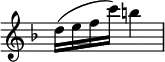 { \relative d'' { \time 2/4 \override Score.TimeSignature #'stencil = ##f \key d \minor
  d16( e f c') b4 } }