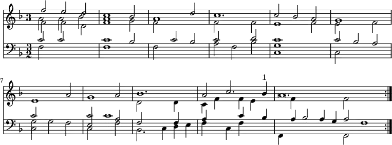 { << \new Staff = "Up" \relative f'' { \key f \major \time 3/2 \override Staff.TimeSignature.style = #'single-digit
<< { f2 e d | c1 bes2 | a1 d2 | c1. | %end line 1
     c2 bes a | g1 s2 | e1 a2 | g1 a2 | %end line 2
     bes1. | a2 c2. bes4^"1" | a\breve. \bar ":|." } \\
   { f2 f d | f1 g2 | f2 s1 | f2 s f | %end line 1
     e1 f2 | e2 s f | \change Staff = "Down" \stemUp c2 s1 | c2 c1 %eol2
     \change Staff = "Up" \stemDown d2 s d4 s |
     c f s f e s | s f s1 \bar "" f2 } \\
   { \stemDown a2 a bes | a1 } >> }
\new Staff = "Down" \relative c' { \key f \major \clef bass
<< { c2 c s | c1 bes2 | s c bes | c s d | %end line 1
     <c g>1 s2 | c2 bes a | \stemDown g g f \stemUp e s a | %eol2
     f2 s f4 s | a s s c s bes | s a bes2 a4 g a2 f1 } \\
   { f2 s1 | f1 s2 | f2 s1 | a2 f bes | %end line 1
     c,1 s2 | c2 s1 | c2 s1 | c2 s f | %end line 2
     bes,2. c4 d e | f s c f s2 | f,4 s s1 f2 } >> } >> }