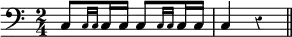 { \clef bass \time 2/4 \override Score.Rest #'style = #'classical
 c8[ \grace { c16 c } c c] c8[ \grace { c16 c } c c] | c4 r \bar "||" }