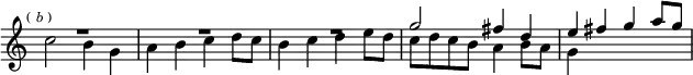 \relative g'' { \key c \major \time 2/2 \override Score.TimeSignature #'stencil = ##f \mark \markup \tiny { (\italic"b") } << { R1*3 g2 fis4 d | e fis g a8 g } \\ { c,2 b4 g | a b c d8 c | b4 c d e8 d | c d c b a4 b8 a | g4 } >> }