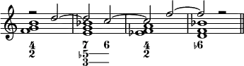 << \override Score.TimeSignature #'stencil = ##f \new Staff { \time 4/4 \relative d'' << { r2 d ~ d c ~ c f ~ f r } \\ { <b, g f>1 <bes g e> <a f ees> <bes f d> \bar "||" } >> }
\figures { <4 2>1 \bassFigureExtendersOn <7 5- 3>2 <6 5- 3> \bassFigureExtendersOff <4 2>1 <6-> } >>