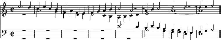 { \time 2/2 << \relative e'' << { e2. d4 c e c b a2 d,4 e f g a b | c2 a ~ a4 b c2 d d ~ d4 e f2 \bar "||" } \\ { R1 a,2. g4 f a f e d2 c4 b | a b c d e1 a ~ a } >>
\new Staff { \clef bass \relative e' << { R1*4 e2. d4 c e c b a f d e f g a2 } \\ { R1*5 a2. g4 f a f e d1 } >> } >> }