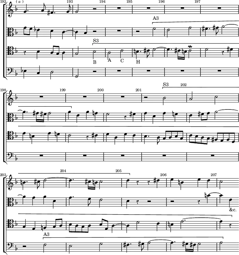 \new ChoirStaff << \override Score.Rest #'style = #'classical \override Score.BarNumber.break-visibility = ##(#f #t #t) \set Score.barNumberVisibility = #all-bar-numbers-visible \override Score.TimeSignature #'stencil = ##f \set Score.currentBarNumber = #192
  \new Staff \relative g' { \key d \minor \time 4/4 \mark \markup \tiny {(\italic a )} \bar ""
    g4. a8 fis4. g8 | g2 r | R1*7 | r2 \[ bes^"S3" a c b4. cis8 d2 ~ |
    d4. cis16 b cis2 | d4 \] r r dis | e b e d | c2 }
  \new Staff \relative g' { \clef alto \key d \minor
    g8 f ees4 d c ~ | c bes r2 | R1 | r2 \[ f'^"A3" |
    e2 g | fis4. gis8 a2 ~ | a4. gis16 fis gis2 a4 \] e a g! |
    f2 r4 fis | g d g f! | e fis8 g a2 ~ | a4 g a d, |
    g4. f8 e2 | d4 r r2 | r r4 b' ~ | b e,_"&c." }
  \new Staff \relative b { \clef tenor \key d \minor
    r4 bes a8 g a4 | g2 \[ bes^"S3"_"B" | a_"A" c_"C" |
    b4._"H" cis8 d2 ~ | d4. cis16 b cis2^\mordent | d r4 dis |
    e b e d! | c2 r4 cis4 | d a d c | bes4. a8 g a bes g |
    c bes a g fis e fis d | g4 e f! g8 a | bes a g a bes e, a4 ~ |
    a d2 c4 | b e2. ~ | e4 r }
  \new Staff \relative e { \clef bass \key d \minor
    ees4 c d2 | g, r | R1*9 | r2 \[ f'^"A3" | e g |
    fis4. gis8 a2 ~ | a4. gis16 fis gis2 | a \] } >>