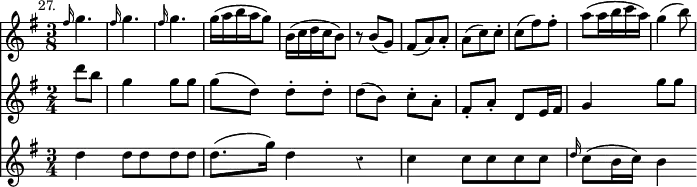 \version "2.14.2"
\header {
  tagline = ##f }

\layout {
  \context {
    \Score
    \remove "Timing_translator"
    \remove "Default_bar_line_engraver"
  }
  \context {
    \Staff
    \consists "Timing_translator"
    \consists "Default_bar_line_engraver"
  }
}

% Now each staff has its own time signature.

\score { \relative g'' <<
  \new Staff {
    \time 2/8
    \set Staff.timeSignatureFraction = #'(3 . 8)
    \key g \major
    \mark \markup \small "27." 
\repeat unfold 3 { \grace fis16 g4.*2/3 } g16*2/3[( a b a g8*2/3]) 
    b,16*2/3[( c d c b8*2/3]) r8*2/3 b( g) fis( a) a-. a( c) c-. 
    c( fis) fis-. a[( a16*2/3 b c a]) g4*2/3( b8*2/3)
  }
  \new Staff {
    \time 2/4 \key g \major \partial 4
    \grace s16 d8 b | g4 g8 g | g( d) d-. d-. |
    d( b) c-. a-. | fis-. a-. d, e16 fis | g4 g'8 g 
  }
  \new Staff {
    \time 3/4 \key g \major \override Staff.Rest #'style = #'classical
    \grace s16 d4 d8 d d d | d8.( g16) d4 r |
    c4 c8 c c c | \grace d16 c8( b16 c) b4
  }
>>
\midi { }
\layout { } }