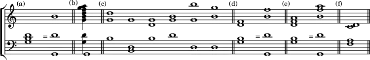 \new ChoirStaff << \override Score.TimeSignature #'stencil = ##f
  \new Staff \relative b' { \time 3/1 \mark \markup \small "(a)" 
    s1 s b1 \bar "||" \time 4/4
    \mark \markup \small "(b)" <g b d f g a>4*4/1 \bar "||" \time 6/1
    \mark \markup \small "(c)" <g d'>1 g <g d> <g b> <g b'> <b g'> \bar "||" \time 3/1
    \mark \markup \small "(d)" <f d> s <b f'>1 \bar "||"
    \mark \markup \small "(e)" <a f d> s <b f' a>1 \bar "||" \time 1/1
    \mark \markup \small "(f)" <d, c> \bar "||" }
  \new Staff \relative g { \clef bass 
    <g b d>1 s^"=" <g, d''>1
    << { g } \\ { <g' d'>4*4/1 } >>
    b1 <d, b> b' d d, d
    \repeat unfold 2 { <g b> s^"=" <g, d''>1 }
    <f' a> } >>