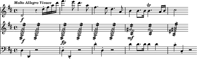 << \time 4/4 \new Staff { \override Score.Rest #'style = #'classical \key d \major \tempo \markup { \italic \small "Molto Allegro Vivace" } \relative d' { d2\f r4 d'16-. fis a d | fis4. e8 d4. a8 | fis4. e8 d4. a8 | b4 b8. b16 b4.\trill a16 b | cis2 } }
\new Staff { \key d \major \relative d' << { <d a'>2:16\f q: | q:\fp q: | q: q: | gis:\mf gis: <gis b>: } \\ { <fis a,>2:16 q: | q: q: | q: q: | fis: fis: | eis: } >> }
\new Staff { \clef bass \key d \major \relative d { d4 d, r2 | d'4-. d,-. r2 | d''4-. d,-. r2 | d'4 d8. d16 d4 d | cis-. cis,-. r2*1/2 } } >>