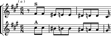 
\layout {
  \context { \Score \remove "Timing_translator" \remove "Default_bar_line_engraver" }
  \context { \Staff \consists "Timing_translator" \consists "Default_bar_line_engraver" } }
\header { tagline = ##f }
\score { \new ChoirStaff <<
  \new Staff \relative f' { \key fis \minor \time 6/8 \mark \markup \tiny { (\italic"a") }
    r8 fis^\markup \bold "S" fis eis e e | dis d d cis16 }
  \new Staff \relative c'' { \key fis \minor \partial 4. \time 6/8
    s8 cis^\markup \bold "A" cis | bis b b ais a a | gis16 } >> }