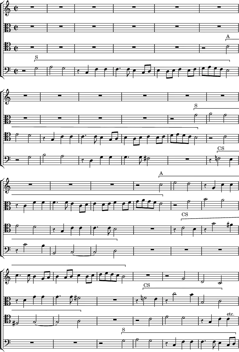 \new ChoirStaff << \override Score.BarNumber #'break-visibility = #'#(#f #f #f) \override Score.Rest #'style = #'classical
  \new Staff \relative c'' { \time 2/2 \key c \major
    R1*15 | r2 \[ c^"A" | e d | r4 g, c c | c4. c8 b4 g8 a |
    b4 a8 b c4 b8 c | d e d c b2 \] | R1 r2 g | d c }
  \new Staff \relative g' { \clef alto \key c \major
    R1*10 | r2 \[ g^"S" | a g | r4 c, f f | f4. f8 e4 c8 d |
    e4 d8 e f4 e8 f | g a g f e2 \] | r2 g | b a | r4 d, g g |
    g4. g8 fis2 | R1 r4 \[ f!2^"CS" e4 | r c'2 b4 | b,2 c }
  \new Staff \relative c' { \clef tenor \key c \major
    R1*5 | r2 \[ c^"A" | e d | r4 g, c c | c4. c8 b4 g8 a |
    b4 a8 b c4 b8 c | d e d c b2 \] | r2 c | e d | r4 g, c c |
    c4. c8 b2 | R1 r4 \[ c2^"CS" b4 | r g'2 fis4 | fis,2 g ~ |
    g a \] | R1 r2 c | e d | r4 g, c c^"etc." }
  \new Staff \relative g { \clef bass \key c \major
    r2 \[ g^"S" | a g | r4 c, f f | f4. f8 e4 c8 d |
    e4 d8 e f4 e8 f | g a g f e2 \] | r2 g | b a | r4 d, g g |
    g4. g8 fis2 | R1 | r4 \[ f!2^"CS" e4 | r4 c'2 b4 | b,2 c ~ |
    c d \] | R1*5 | r2 \[ g2^"S" | a g | r4 c, f f | f4. f8 e4 c8 d } >>