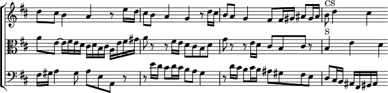 \new ChoirStaff << \override Score.TimeSignature #'stencil = ##f \override Score.BarNumber #'break-visibility = #'#(#f #f #f)
  \new Staff \relative d'' { \key d \major \time 4/4
    d8 cis b4 a r8 e'16 d | cis8 b a4 g r8 d'16 cis |
    b8 a g4 fis8 fis16 gis ais8 gis16 ais | b8^"CS" d4 cis s8 }
  \new Staff \relative a' { \clef alto \key d \major
    a8 e ~ e16 fis e d cis d b cis a e' fis gis |
    a8 r r fis16 e d8 cis b d |
    g r r e16 d cis8 b cis r | b4^"S" e d }
  \new Staff \relative f { \clef bass \key d \major
    fis16 gis a4 gis8 a e a, r |
    r e''16 d cis8 d16 cis b8 a g4 |
    r8 d'16 cis b8 cis16 b ais8 gis fis e |
    d cis16 b ais fis gis ais s4 } >>