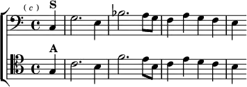  \new ChoirStaff <<
  \new Staff \relative c { \clef bass \key c \major \time 4/4 \partial 4 \mark \markup \tiny { ( \italic c ) }
    c4^\markup \bold "S" | g'2. e4 | bes'2. a8 g | f4 a g f | e }
  \new Staff \relative g { \clef tenor \key c \major
    g4^\markup \bold "A" | c2. b4 | f'2. e8 b | c4 e d c | b } >> 