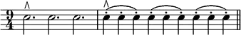 { \time 9/4 \override Score.Clef #'stencil = ##f \clef bass
 e2.^\rtoe e e | e4-.(^\rtoe e-. e-.) e-.( e-. e-.) e-.( e-. e-.) \bar "||" }