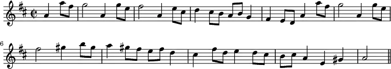 { \time 2/2 \key d \major \partial 2 \relative a' { a4 a'8 fis g2 a,4 g'8 e | fis2 a,4 e'8 cis | d4 cis8 b a b g4 fis e8 d a'4 a'8 fis | g2 a,4 g'8 e fis2 gis4 b8 gis | a4 gis8 fis e fis d4 | cis fis8 d e4 d8 cis | b cis a4 e gis | a2 \bar "||" } }