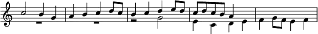 \relative c'' { \key c \major \time 2/2 \override Score.TimeSignature #'stencil = ##f << { c2 b4 g | a b c d8 c | b4 c d e8 d | c d c b a4 } \\ { R1*2 r2 g2 e4 c d e | f g8 f e4 f } >> }