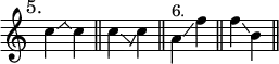 { \override Score.TimeSignature #'stencil = ##f \time 2/4 \mark \markup { \smaller "5." } \relative c'' { \once \override Glissando.bound-details.right.Y = #1.5 \once \override Glissando.bound-details.right.padding = #-0.5 c4\glissando \hideNotes \once \override Glissando.bound-details.left.Y = #1 \once \override Glissando.bound-details.left.padding = #-1 \grace c\glissando \unHideNotes c \bar "||" \once \override Glissando.bound-details.right.Y = #-0.5 \once \override Glissando.bound-details.right.padding = #-1 c\glissando \hideNotes \once \override Glissando.bound-details.left.Y = #-0.5 \once \override Glissando.bound-details.left.padding = #-1 \grace c\glissando \unHideNotes c \bar "||" \stemDown a^"6." \glissando f' \bar "||" f\glissando b, \bar "||" } }