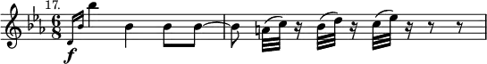 { \time 6/8 \key c \minor \mark \markup \small "17." \relative c' { \grace { d16\f[ bes'] } bes'4 bes, bes8 bes ~ | bes a32([ c)] r16 bes32( d) r16 c32( ees) r16 r8 r | } }