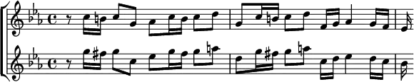  \new ChoirStaff <<
  \new Staff \relative c'' { \key c \minor \time 4/4
    r8 c16 b c8 g aes c16 b c8 d |
    g,8 c16 b c8 d f,16 g aes4 g16 f | ees }
  \new Staff \relative g'' { \key c \minor
    r8 g16 fis g8 c, ees g16 fis g8 a |
    d, g16 fis g8 a c,16 d ees4 d16 c | bes } >> 