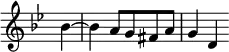 { \relative b' { \override Score.TimeSignature #'stencil = ##f \time 3/4 \partial 4 \key bes \major
  bes4 ~ | bes4 a8[ g fis a] | g4 d4 } }