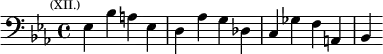 \relative e { \key ees \major \time 4/4 \clef bass \mark \markup \tiny { (XII.) } ees4 bes' a ees | d aes' g des | c ges' f a, | bes }