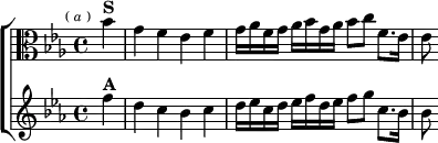  \new ChoirStaff <<
  \new Staff \relative b' { \clef alto \key ees \major \time 4/4 \partial 4 \mark \markup \tiny { ( \italic a ) }
    bes4^\markup \bold "S" | g f ees f |
    g16 aes f g aes bes g aes bes8 c f,8. ees16 | ees8 }
  \new Staff \relative f'' { \key ees \major
    f4^\markup \bold "A" | d c bes c |
    d16 ees c d ees f d ees f8 g c,8. bes16 | bes8 } >>