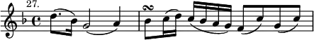 { \relative d'' { \key f \major \time 4/4 \mark \markup \small "27."
 d8.( bes16) g2( a4) | bes8\turn c16( d) c( bes a g) f8( c') g( c) } }