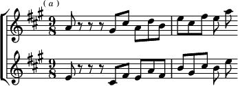  \new ChoirStaff <<
  \new Staff \relative a' { \key a \major \time 9/8 \mark \markup \tiny { ( \italic a ) }
    a8 r r r gis cis a d b | e cis fis e a }
  \new Staff \relative e' { \key a \major
    e8 r r r cis fis e a fis | b gis cis b e } >>