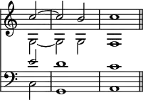 { << \new Staff \with {midiInstrument = #"church organ"} << \override Score.TimeSignature #'stencil = ##f \time 4/4 \partial 2 \relative c''  { c2 ~ c b c1 \bar "||" } \\ { g2 ~ g g f1 } >>
\new Staff \with {midiInstrument = #"church organ"} { \clef bass \relative e' << { e2 d1 c } \\ { c,2 g1 a } >> } >> }