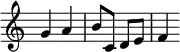  \relative g' { \time 2/4 \override Score.TimeSignature #'stencil = ##f g4 a | b8 c, d e | f4 } 