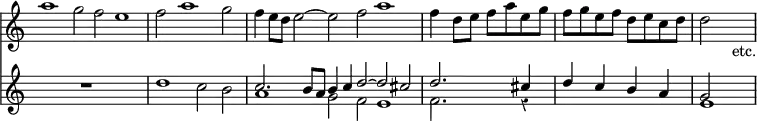 << \override Score.TimeSignature #'stencil = ##f \override Score.Rest #'style = #'classical \new Staff { \relative a'' { a1*1/3 g2*1/3 f e1*1/3 | f2*2/4 a1*2/4 g2*2/4 | \scaleDurations 1/3 { f4 e8 d e2 ~ e f a1 } | f4 d8 e f a e g | f g e f d e c d | d2 s_"etc." } }
\new Staff { \relative d'' { R1 | d1*2/4 c2*2/4 b | << { \scaleDurations 1/3 { c2. b8 a b4 c d2 ~ d cis } | d2. cis4 | d c b a | g2 } \\ { a1*1/3 g2*1/3 f e1*1/3 | f2. r4 | s1 | e } >> } } >>