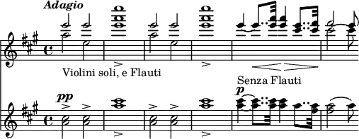 << \new Staff { \time 4/4 \key a \major \tempo \markup { \italic Adagio } << \new Voice \relative e''' { \stemUp e2 e <a e'>1-> e2 e <a e'>1-> | e4 ~ e8..\< <e a>32 q4\> <e cis>8.. <fis cis>32\! | fis2 e8 }
\new Voice \relative a'' { a2_"Violini soli, e Flauti" e | e'1 | a,2 e | e'1 | s | cis2 ~ cis8 } >> }
\new Staff { \key a \major \relative c'' { <cis a>2->^\pp q-> <cis' a>1_> <cis, a>2-> q-> <cis' a>1_> | q4^\p^"Senza Flauti" ~ q8.. q32 q4 a8.. <a fis>32 | q2( a8) } } >>