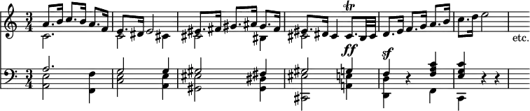 { << \new Staff << \time 3/4
 \new Voice \relative a' { \stemUp
  a8. b16 c8. b16 a8. f16 | e8. dis16 e2 |
  eis8. fis16 gis8. ais16 gis8. fis16 | %end line 1
  eis8. dis16 cis4 cis8.\trill b32 cis |
  d8. e16 f8. g16 a8. b16 }
 \new Voice \relative c' { \stemDown
  c2. | c2 cis4 | cis2 bis4 | %end line 1
  cis2 s4 | s2. c'8. d16 e2 | s8_"etc." } >>
\new Staff << \clef bass
 \new Voice \relative a { \stemUp
  a2. | g2 g4 | gis2 fis4 |
  gis2 g!4^\ff | f^\sf r <f a c> | <e g c> r r | s8 }
 \new Voice \relative a, { \stemDown
  <a e'>2 <f f'>4 | <c' e>2 <a e'>4 | <gis eis'>2 <gis dis'>4 |
  <cis, eis'>2 <a'! e'!>4 | <d, d'> s f | c } >> >> }